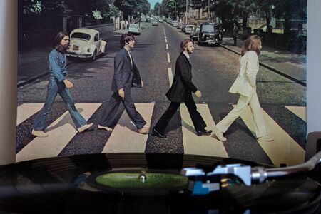 Naples, turntables with the Beatles vinyls in the background.のeditorial素材