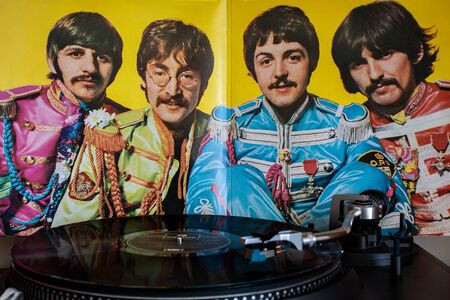 Naples, turntables with the Beatles vinyls in the background.のeditorial素材