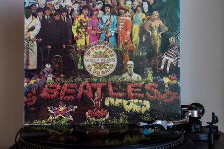Naples, turntables with the Beatles vinyls in the background.のeditorial素材