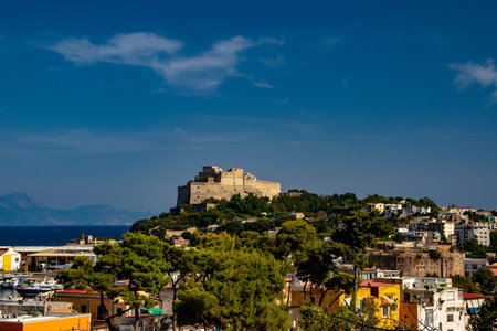 Bacoli, Naples, 20 August 2019. A view of the hill where the Aragonse Castle of Baia rests from the...