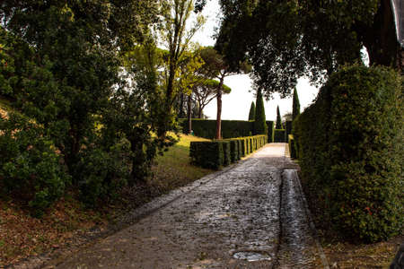 Rome 8 March 2020. The Vatican gardens of the papal residence, well-kept fountains and trees.のeditorial素材