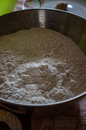 Rome, A bowl full of flour, the main ingredient for a good pizza.の写真素材