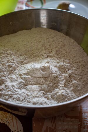 Rome, A bowl full of flour, the main ingredient for a good pizza.の写真素材