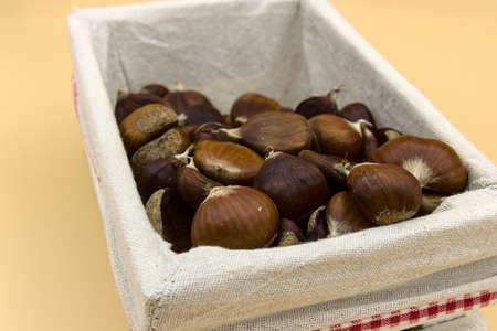 In the foreground on a white background a group of chestnuts. The basis of autumn cuisine.の写真素材