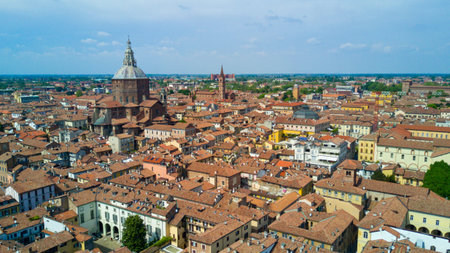 Aerial shooting with drone on Pavia, famous Lombardy town near the Ticino river in northern Italy