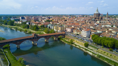 Aerial shooting with drone on Pavia, famous Lombardy town near the Ticino river in northern Italyの写真素材