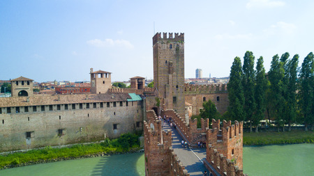 Aerial shooting with the drone of Verona, the city on the Adige river in Veneto, famous for Romeo and Juliet and Shakespeare's play, has been awarded the World Heritage Site by UNESCO because of its urban structure and architectureのeditorial素材