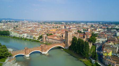 Aerial shooting with the drone of Verona, the city on the Adige river in Veneto, famous for Romeo and Juliet and Shakespeare's play, has been awarded the World Heritage Site by UNESCO because of its urban structure and architectureのeditorial素材
