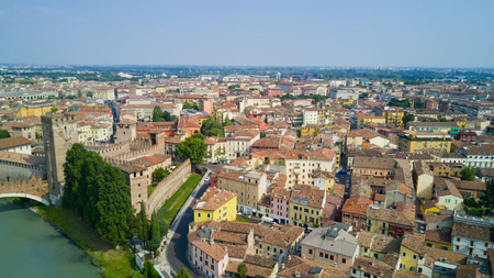 Aerial shooting with the drone of Verona, the city on the Adige river in Veneto, famous for Romeo and Juliet and Shakespeare's play, has been awarded the World Heritage Site by UNESCO because of its urban structure and architectureのeditorial素材