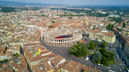 Aerial shooting with the drone of Verona, the city on the Adige river in Veneto, famous for Romeo and Juliet and Shakespeare's play, has been awarded the World Heritage Site by UNESCO because of its urban structure and architectureのeditorial素材