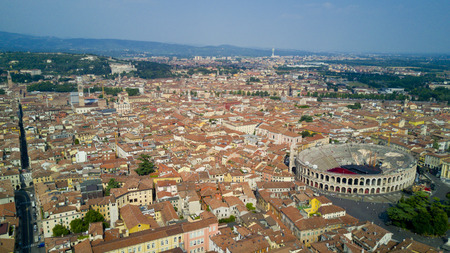 Aerial shooting with the drone of Verona, the city on the Adige river in Veneto, famous for Romeo and Juliet and Shakespeare's play, has been awarded the World Heritage Site by UNESCO because of its urban structure and architectureのeditorial素材