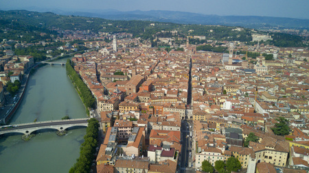 Aerial shooting with the drone of Verona, the city on the Adige river in Veneto, famous for Romeo and Juliet and Shakespeare's play, has been awarded the World Heritage Site by UNESCO because of its urban structure and architectureのeditorial素材