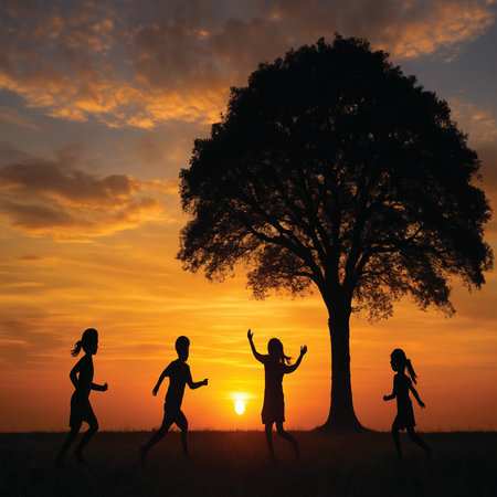 Silhouettes of four children playing happily under a large tree during a beautiful sunset with a colorful orange sky.の素材