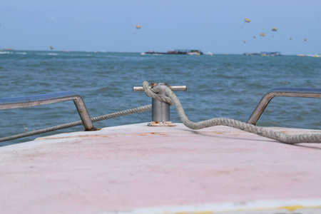 Close-Up Of Front Of Boat Heading Towards Islandの写真素材