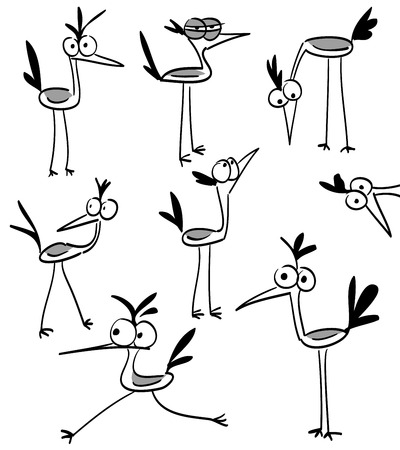 Funny bird character in different variations in black and whiteのイラスト素材