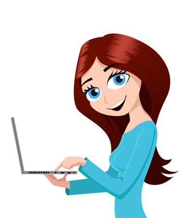 Beautiful smiling girl holds a laptop and presses a buttonのイラスト素材