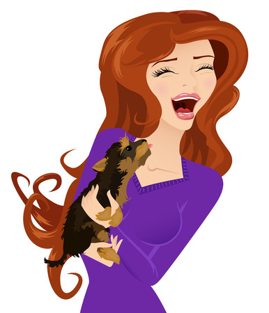 Girl and a licking her neck puppyのイラスト素材