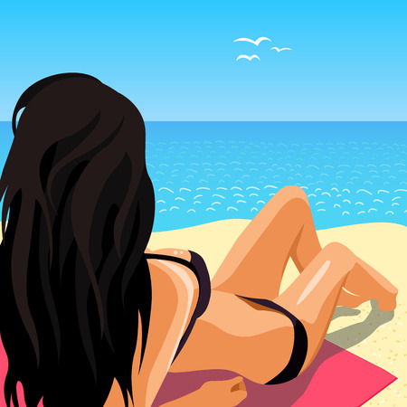 A beautiful girl from the back  on the beach sunbathingのイラスト素材