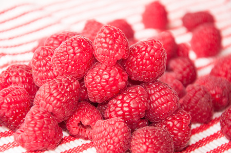 A group of beautiful raspberries on a striped light background diagonalの写真素材