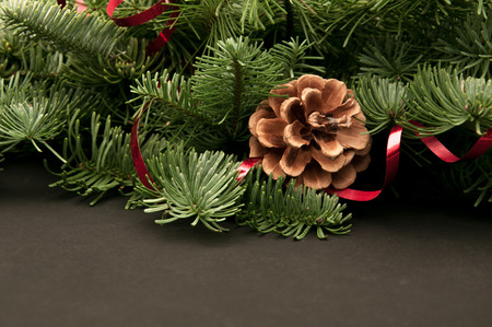 green fir-tree twigs with cones and a red ribbon on a dark backgroundの写真素材