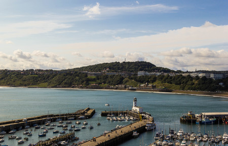 View of Harbor and fishing boats at Scarboroughの写真素材