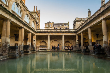 BATH, UK - DECEMBER 13 2017: Tourists visiting inside the Roman Baths on December 13,2017 in Bath, UKのeditorial素材