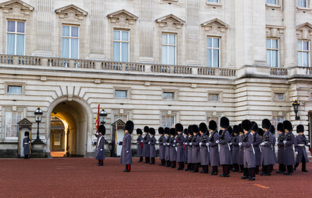 LONDON, UK - DECEMBER 18 2017: Changing of the guard at Buckingham Palace on December 18,2017 in...