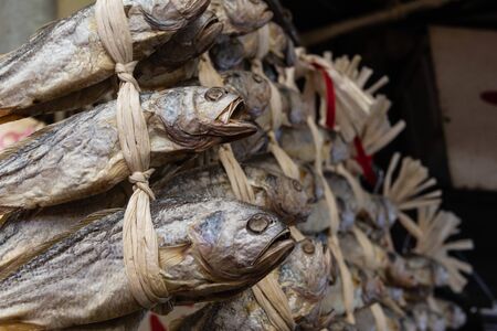 Hanging dried and salted fish at Korean local marketの写真素材