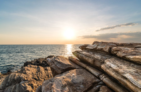Seaside layered rock formation at coast of Khao Laem Ya National Park, Rayong, Thailand