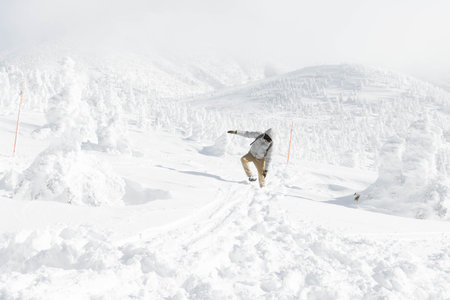 Man walking on snow mountain landscape with snow covered tree in hazy weatherの写真素材