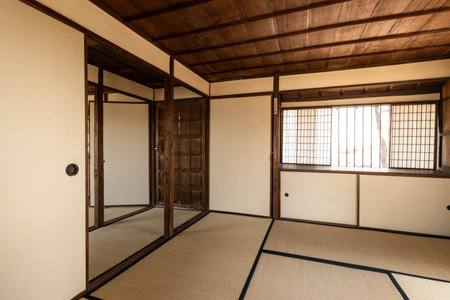 Traditional Japanese house with wooden ceiling decorating with sliding door and tatami matの写真素材