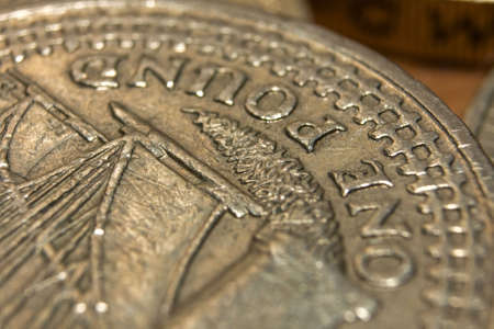 Close up of a British Pound coinの写真素材