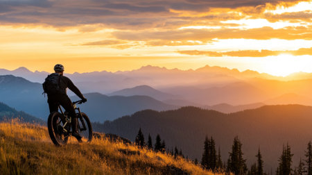 A biker enjoys breathtaking sunrise view over mountain ridges, surrounded by nature beautyの素材
