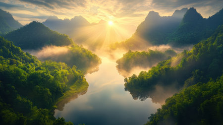 A Breathtaking landscape showcasing misty morning over serene lake, surrounded by lush green mountains and golden sunlightの素材