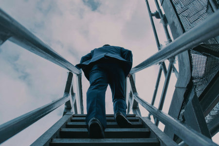 A climbing industrial staircase, determined executive ascends towards skyの素材