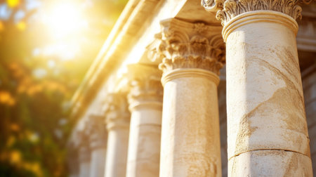 An Ancient stone columns with intricate details illuminated by sunlight, showcasing historical architecture and beautyの素材
