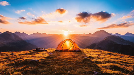 A Camping tent at sunrise with mountains in background, creating serene atmosphereの素材
