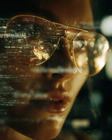 A close up portrait of woman wearing glasses with digital reflections, showcasing technologyの素材