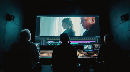 A creative team engaged in video editing, focused on large screen displaying footageの素材