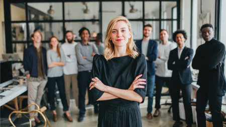 An empowered female leader standing confidently in front of diverse team in modern officeの素材