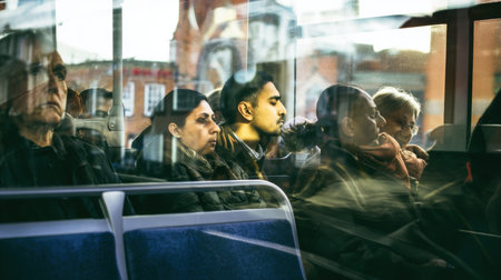 A candid moment on city bus with diverse passengers reflecting on their journeyの素材
