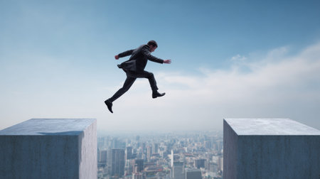 A businessman jumps between two platforms high above city skyline, showcasing determinationの素材