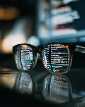 A close up of glasses reflecting data on screen, showcasing high tech elements and clarityの素材