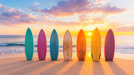 A Colorful surfboards lined up on sandy beach at sunset, creating vibrant and serene atmosphereの素材