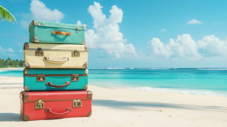 A Colorful vintage suitcases stacked on beach with beautiful ocean view and clear skyの素材