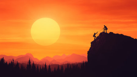 A Climbers ascending rocky peak at sunset, surrounded by vibrant landscapeの素材