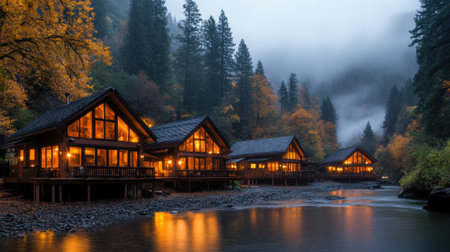 A Cozy cabins by serene river, surrounded by autumn foliage and misty mountains evoke tranquilityの素材