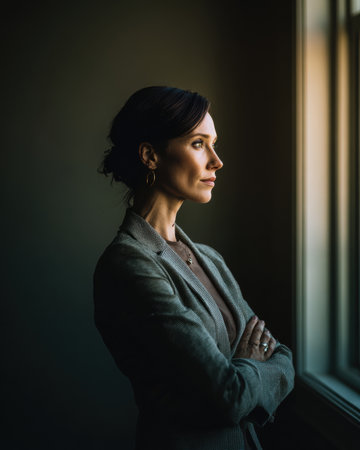 A confident female executive gazing thoughtfully out window, showcasing determination and poiseの素材