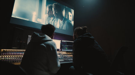 A creative team focused on video editing in studio, immersed in high quality visualsの素材