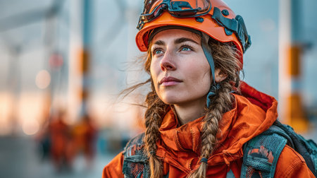 A female engineer safety gear gazes thoughtfully into distance, showcasing determination and focusの素材